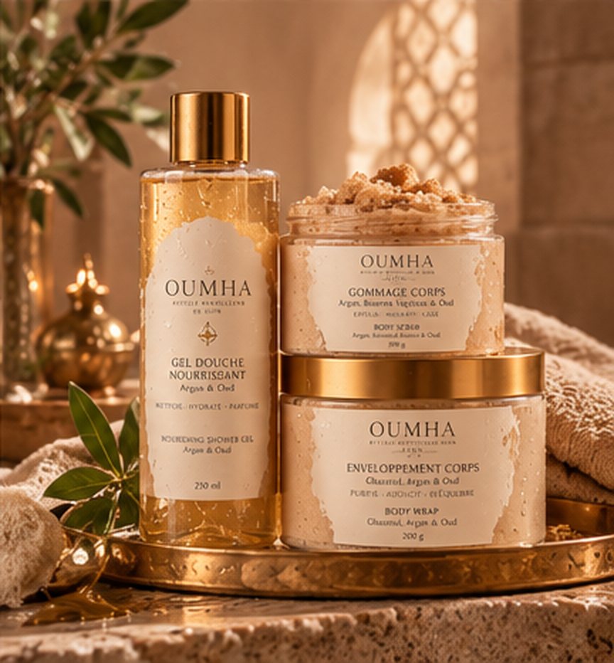 Gamme Hammam OUMHA : gel douche, gommage et enveloppement corps sur un plateau doré, dans un décor de hammam