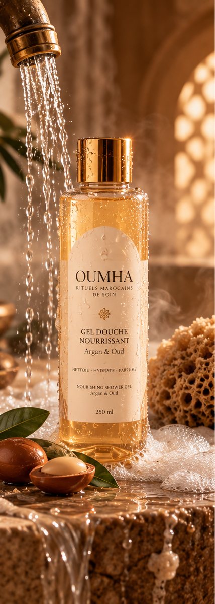 Gel douche nourrissant Argan et Oud 250 ml sous un filet d'eau
