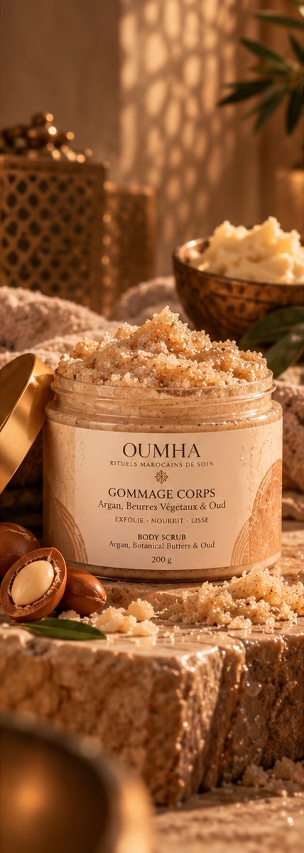Gommage corps Argan, beurres végétaux et Oud 200 g, texture beige crème