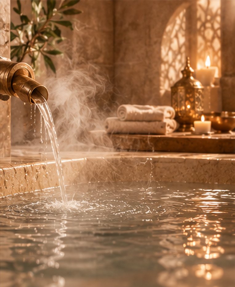 Vapeur et eau qui coule dans un bassin de hammam, bougies et serviettes