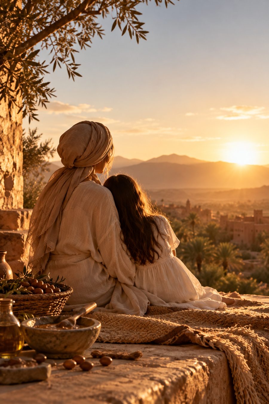 Une mère et sa fille, de dos, regardent le coucher de soleil sur un paysage marocain