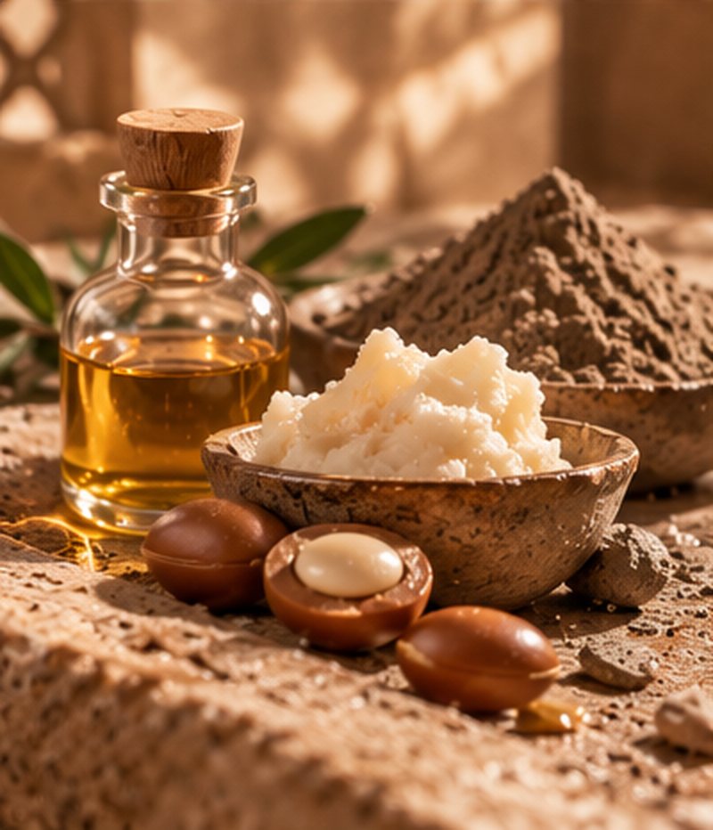 Huile d'argan, beurre de karité dans un bol en pierre, argile et noix d'argan